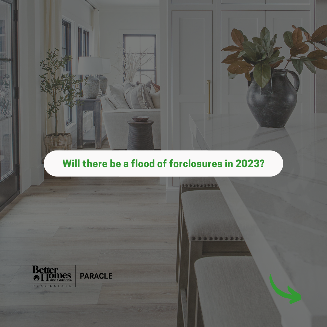 Picture of a kitchen island looking into a living room. Written text overlays the darkened image with a Better Homes and Gardens Real Estate Paracle logo.