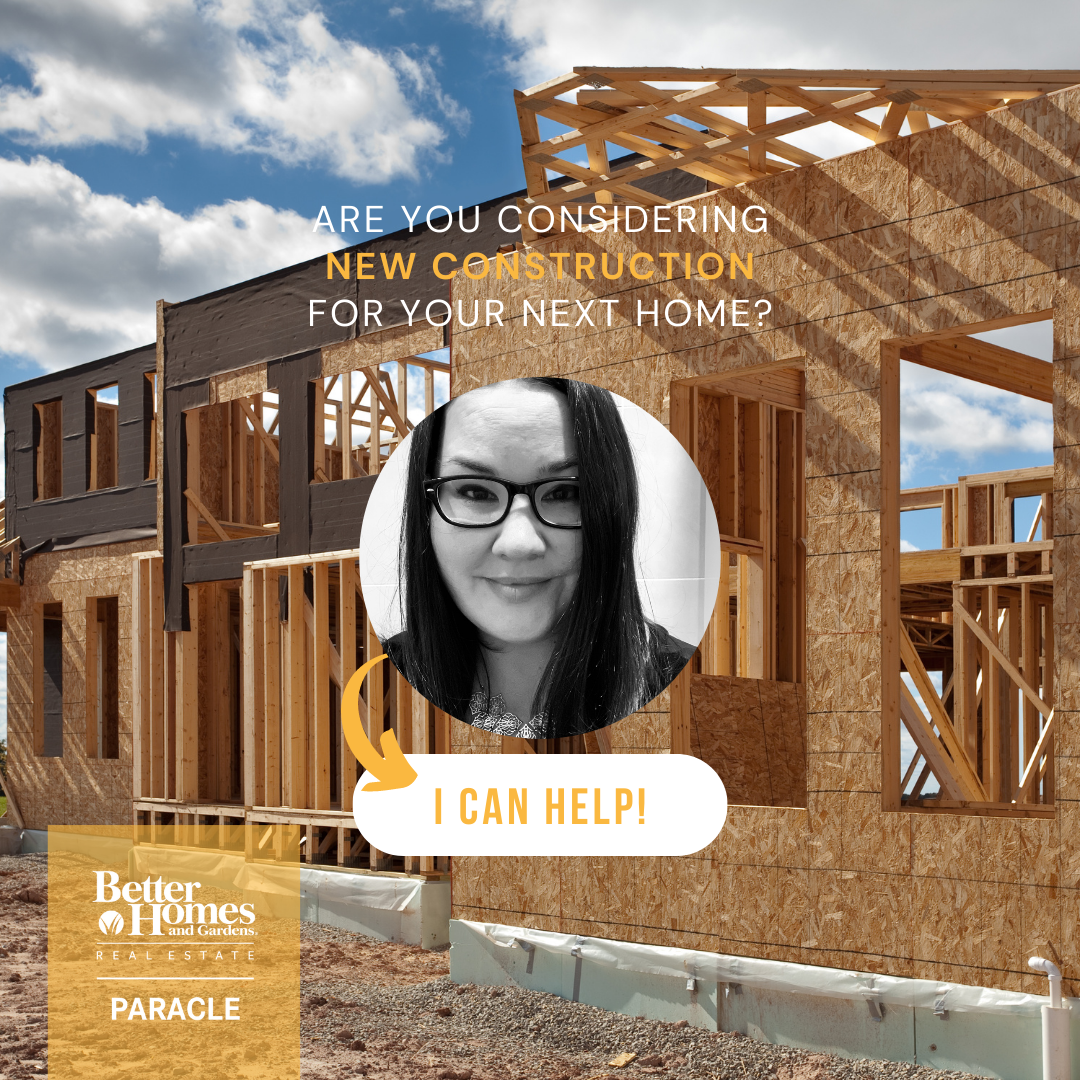 New construction home in the framing stage with the caption 'are you considering new construction for your next home?' imposed over the image